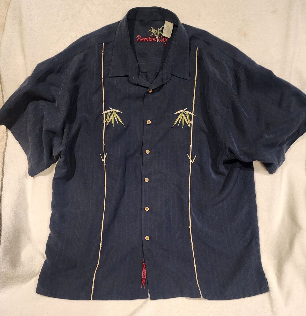 Vintage Bamboo Cay Shirt Mens XXL Black Floral Embroidered Hawaiian Aloha Casual